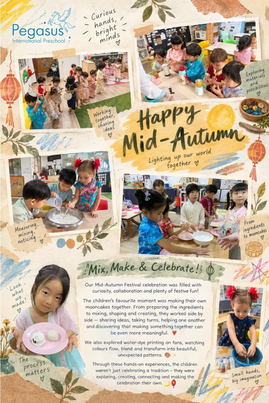 Mid-Autumn Celebration 2026 at Pegasus International Preschool: children in festive dress making mooncakes, measuring and mixing ingredients, and creating water-dye fan prints.