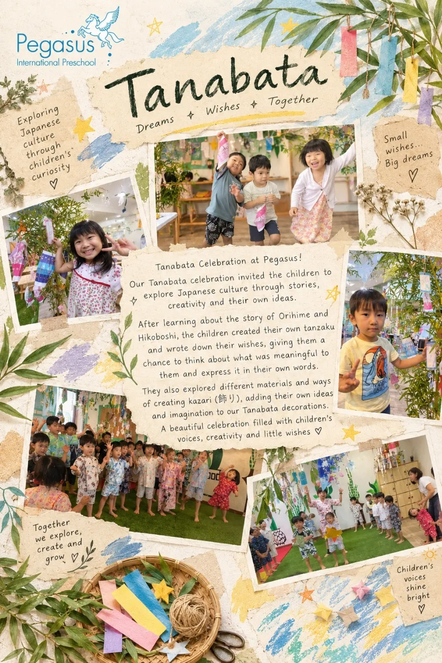 Tanabata Celebration 2026 at Pegasus International Preschool: children in yukata holding tanzaku wish strips, colourful paper decorations and bamboo displays.